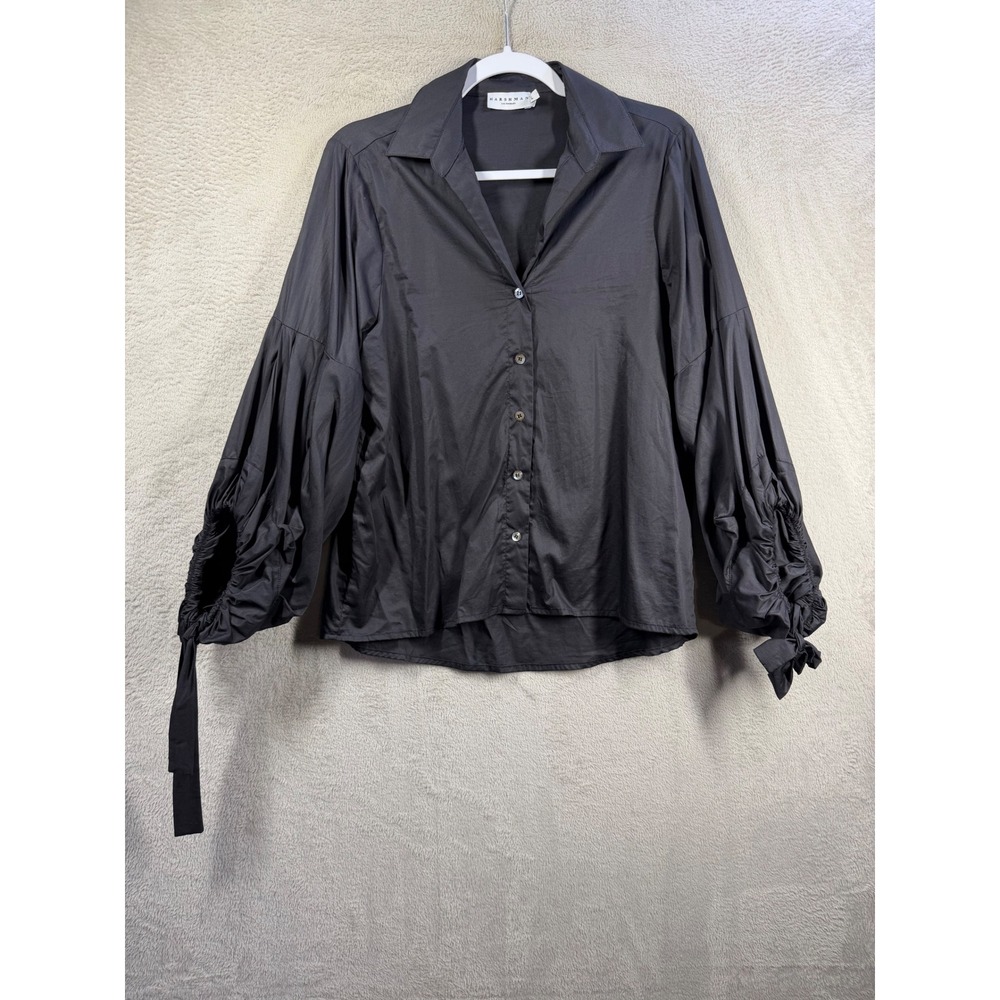 Harshman Button Down Shirt Womens L Black Puff Sleeve Tie Cuff Cotton Blouse